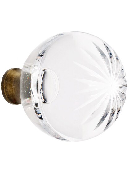 German Crystal Knob With Starburst Etched Top And Solid Brass Base in Antique Brass.